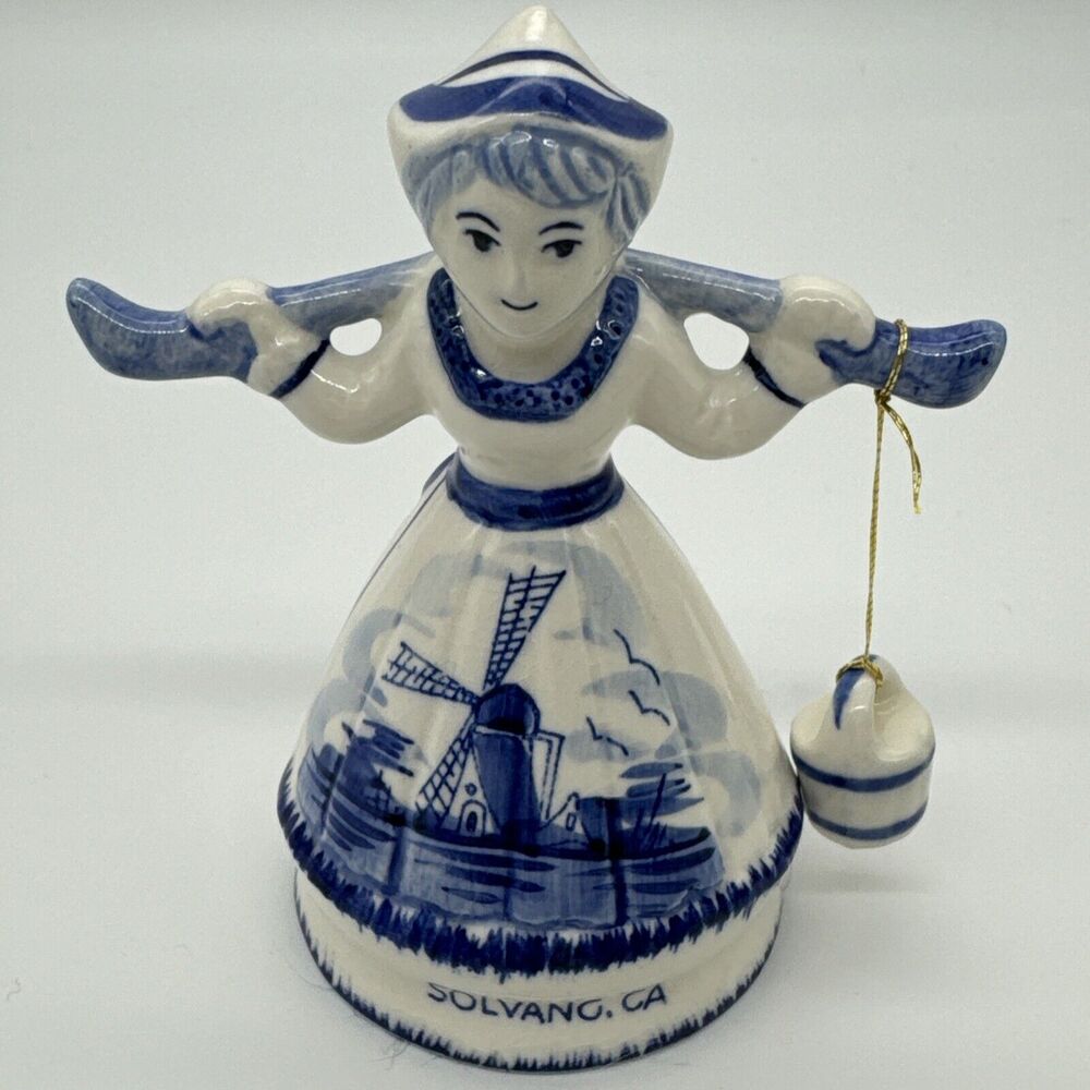 Small Delft Blue & White Porcelain Woman Figurine Bucket Milkmaid 4" Solvang GA‎